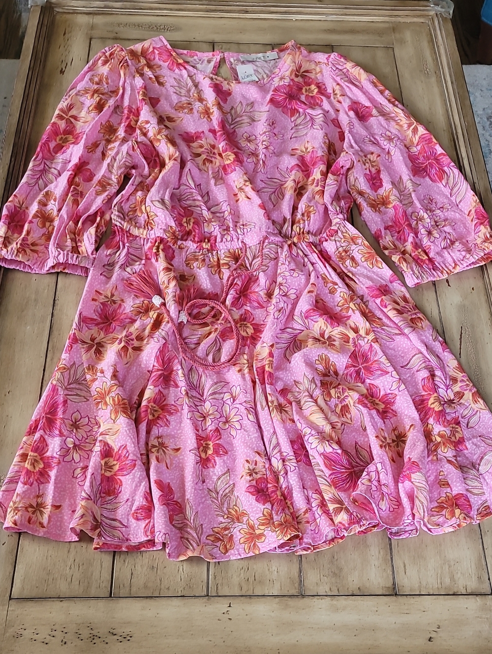 LOFT Pink Floral Wrap Dress with Puff Sleeves